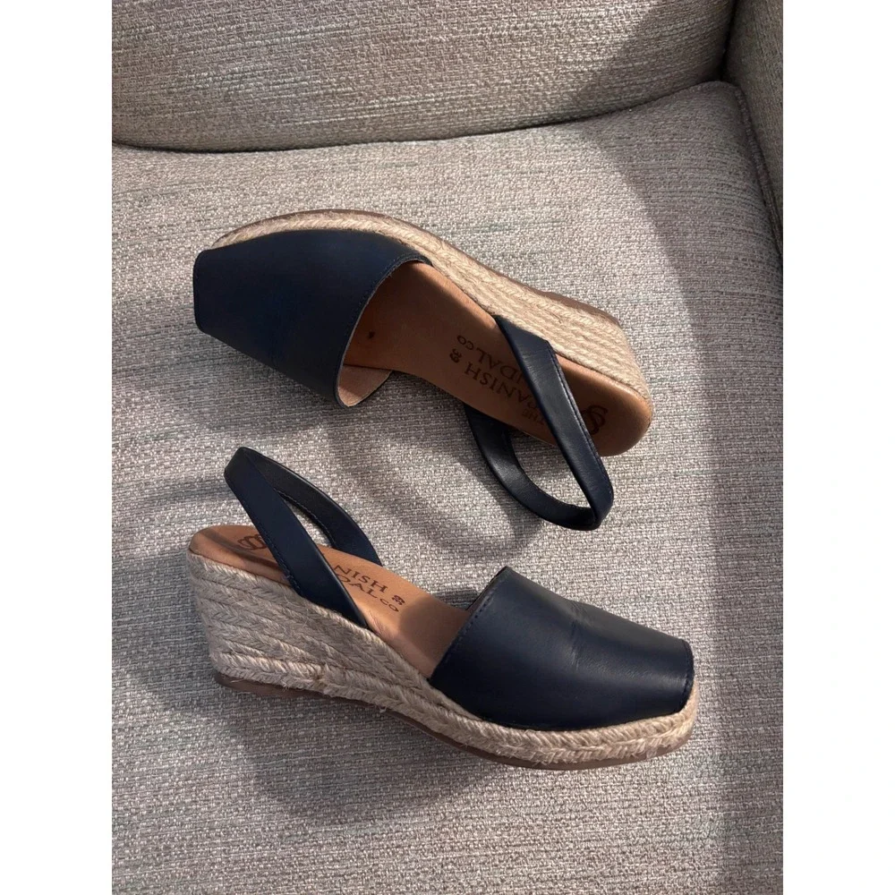 The Spanish Sandal Co Navy Leather Espadrille Wedge Sandals Slingback Size 39